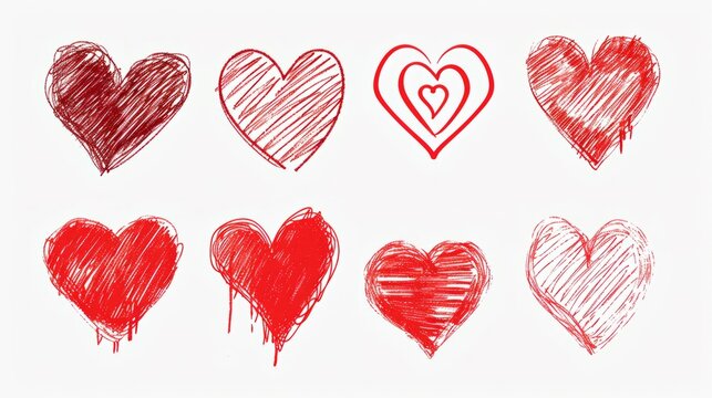 Romantic red doodles of hearts for Valentine's Day, drawings of hearts on paper