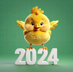 cute cartoon little chicken standing on the "2024"