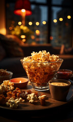 Closeup popcorn on the table at home, home theater time in the evening