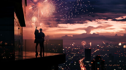 Couple on top of building watching fireworks at night above the city landscape