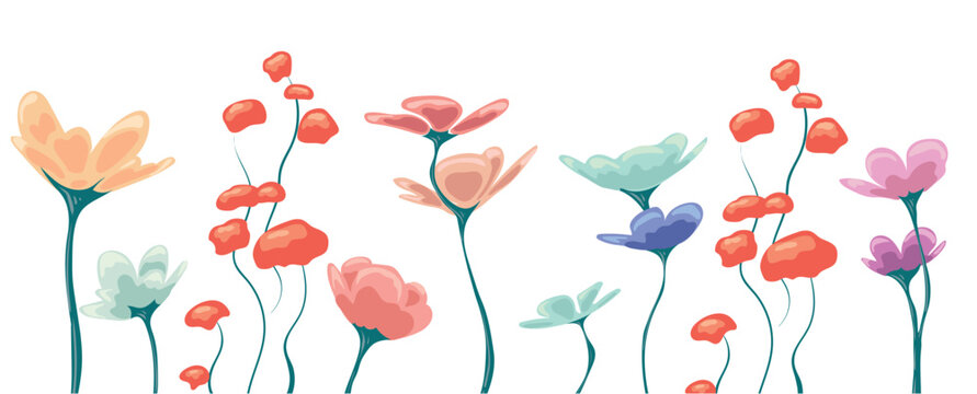 Beautiful romantic magic banner made of different flowers. Vector image.