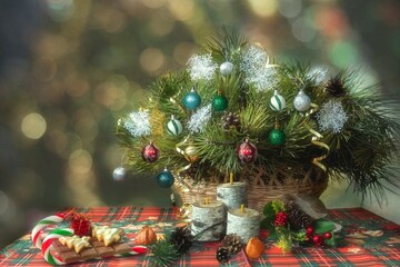 Still life with Christmas tree and decorations