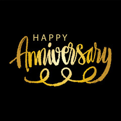Happy Anniversary lettering design. Gold color. Hand drawn calligraphy. Vector illustration.