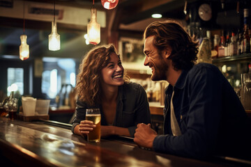 Date in a bar. Young man and woman in a evening pub. AI generati