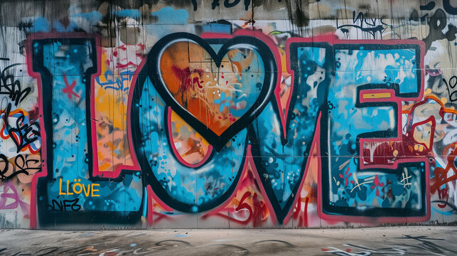 Abstract creative graffiti on the grunge wall with text LOVE , hearts and colorful spray paint, Valentines Day or love concept 