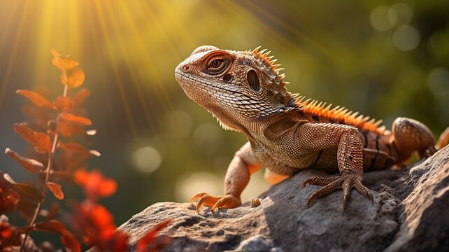 close up horizontal view of a lizard on a rock in the sunlight AI generated