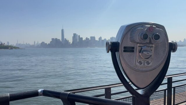 Liberty Island skyline observation deck, an ideal place to observe and enjoy the skyscrapers of the Big Apple of New York (USA)