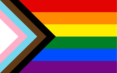 Progress Pride Flag, six stripe rainbow design (red, orange, yellow, green, blue, violet), variation adds a chevron along the hoist that features black, brown, light blue, pink, white stripes, LGBTQ+