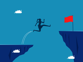 Take risks for success. Confident businesswoman jumps over cliff gap to reach red flag on the other side vector