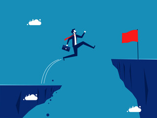 Risky decisions. Confident businessman jumps over cliff gap to reach red flag on the other side vector
