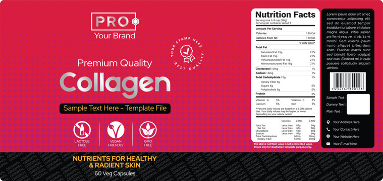 Collagen Powder Label Design, Peptide Booster Supplement Powder Healthy Skin And Hair Care Label Design, Packaging Design Template Editable Vector Illustration File