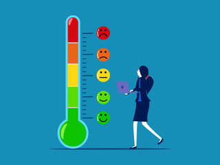 Measure the mood of the customer. Businesswoman with thermometer measuring different levels of mood. vector