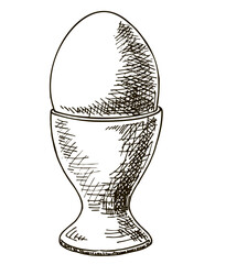 Egg sketch icon. Boiled egg in egg stand. Hand drawn vector black icon isolated on white background. Vector illustration
