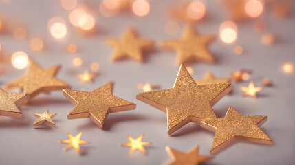 Obraz premium Abstract background with small shiny peach-colored stars in shape bokeh, confetti. Generative AI.