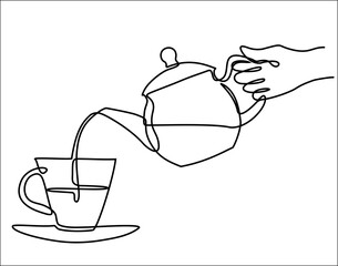 Continuous line drawing Tea cup and Teapot on a white background. Hand drawn linear silhouette icon. One line Logo. Tea house. The icon. Business card.