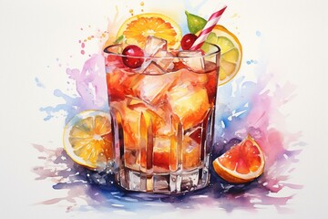 Colorful watercolor painting of a fruity cocktail. Generative AI