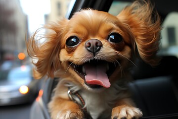 Joyful dog enjoying car ride, head out window, feeling wind on face, wagging tail - obrazy, fototapety, plakaty