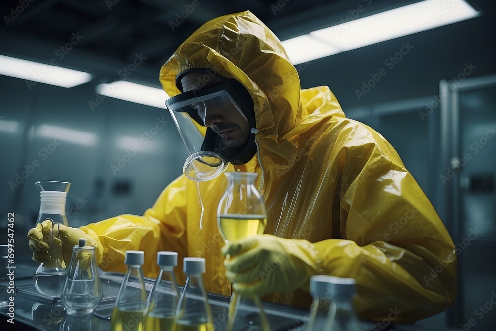 Poster close-up of a scientist wearing a protective suit and helmet conducting an analysis in a modern chem