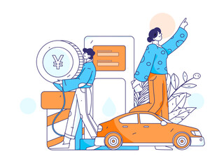 Vector Internet operation hand-drawn illustration of people getting discounts for refueling their cars
