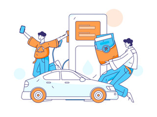 Vector Internet operation hand-drawn illustration of people getting discounts for refueling their cars
