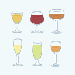 Different type of bar glasses with drinks, wine, champagne, cocktail, whiskey, vodka. Set of glassware. Flat style vector illustration