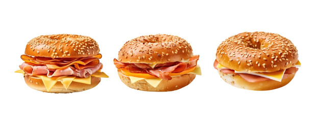 Set of ham cheese bagel isolated on transparent background.