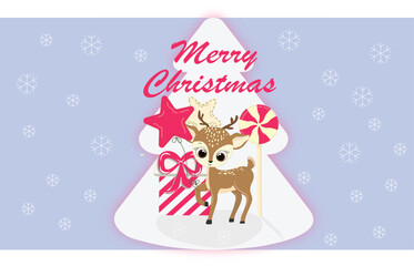 christmas card with a cute deer with tree christmas and merry christmas with gift, balloons and lollipop candy christmas vector illustration cartoon