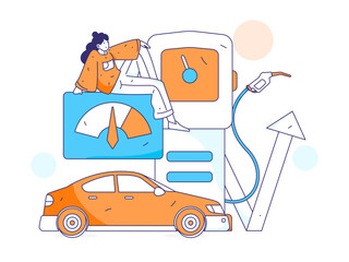 Vector Internet operation hand-drawn illustration of people getting discounts for refueling their cars
