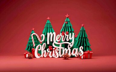 Merry Christmas text and decoration on red background. Christmas greeting card design. 3D Rendering, 3D Illustration, Hand made illustration