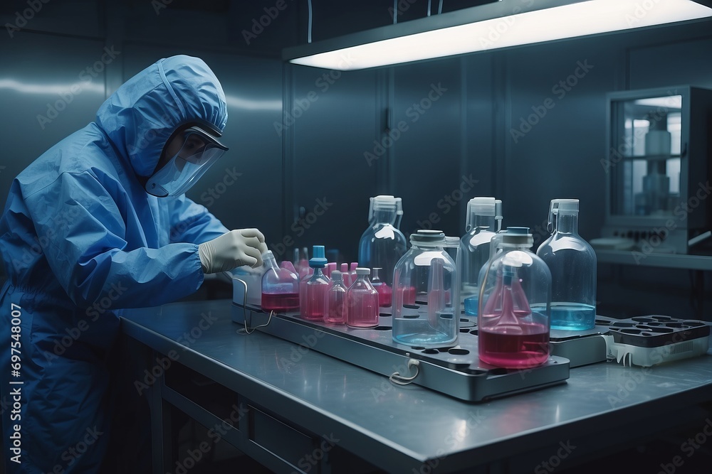 Poster close-up of a scientist wearing a protective suit and helmet conducting an analysis in a modern chem
