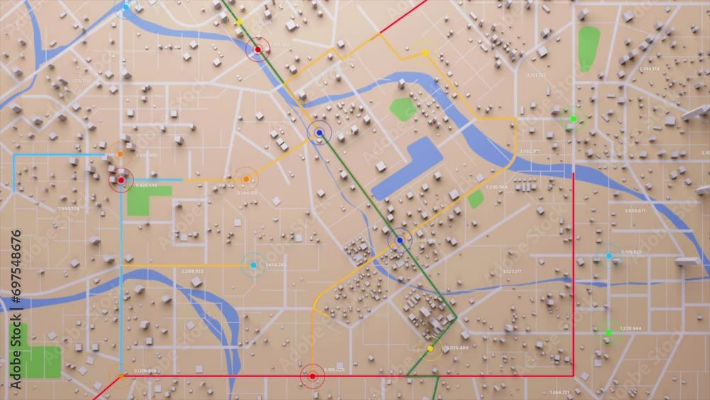 Poster 3d rendering top view city map with navigator line and destination gps technology transportation, fu