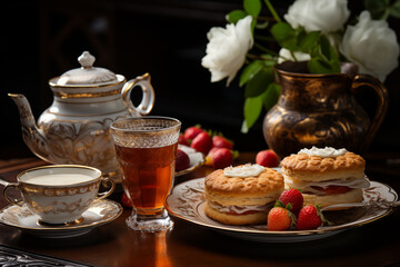 Obraz na płótnie Canvas cup of tea and croissant