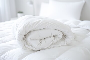 Fototapeta na wymiar White folded duvet lying on white bed background