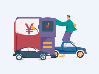 Vector Internet operation hand-drawn illustration of people getting discounts for refueling their cars
