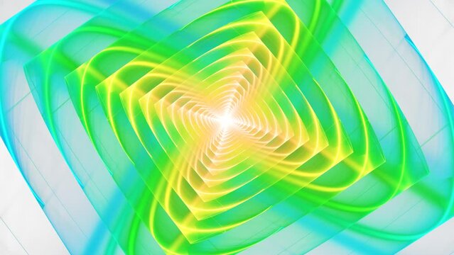 Abstract fractal background with geometrical shapes, stripes, lines rotating, transforming. Fluorescent forms with bright square illumination and glowing optical illusion changes.  4K UHD 4096x2304