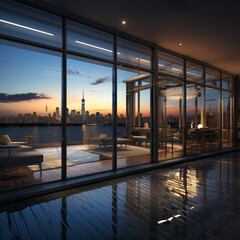 High-rise apartment interior, sunset in the city