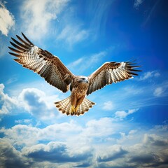 The hawk soaring in the high sky creates an elegant contrast with the background of the blue sky
