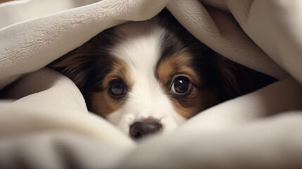 Picture of cute puppy hiding in quilt
