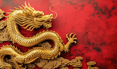 golden dragon on red wall for Happy Chineese New Year 2024 background