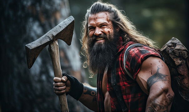 Portrait of viking style lumberjack with beard holding some axe in the amazing forest