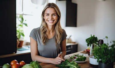 Beautiful young and healthy looking woman in the kitchen is preparing healthy food from tresh vegetables. Healthy lifestyle concept - obrazy, fototapety, plakaty