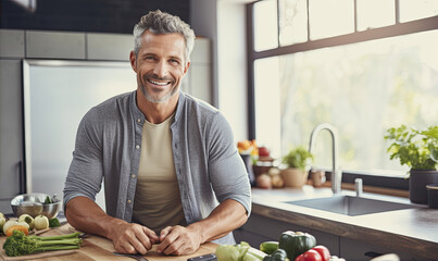 Healthy looking man in the kitchen is preparing healthy food from fresh vegetables. Healthy...