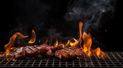 Raw beef steak on the grill , Grilled beef brisket on the grill spread.Barbecue and grill, delicious food.