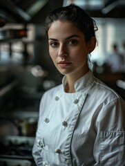Fototapeta premium Female Chef contemporary kitchen adorned with sleek appliances and a minimalist design, a smart and skilled female chef stands confidently amidst the culinary tools of her trade