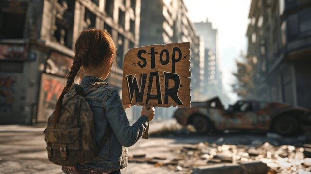 A little girl holding a sign with the word stop war. Kid protesting against war and violence, World peace, No war