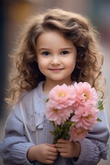 Obraz na płótnie Canvas Happy Little Girl Holding Flower on Blur Background. International Flower Day, Cute Girl