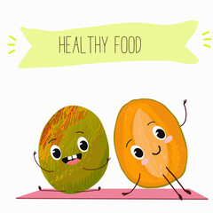 Cute mango cartoon characters with different activities. Flat vector illustration, funny fruits. Organic food.