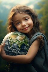 Happy Little Girl Hugging Planet Earth. Kid Embracing Globe Earth for World Protection, Earth Day, World Environment Day, Save th World. Zero Carbon Dioxide Emissions