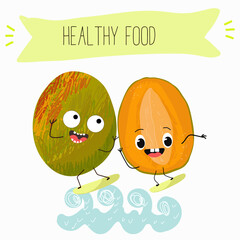 Cute mango cartoon characters with different activities. Flat vector illustration, funny fruits. Organic food.