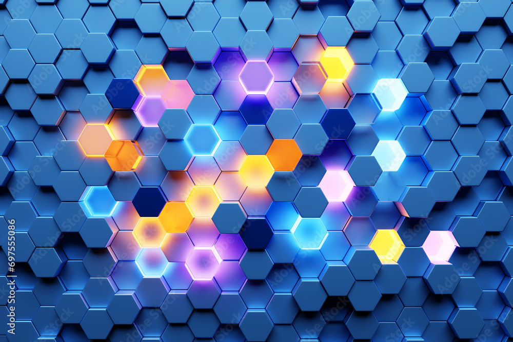 Poster abstract hexagonal background with depth of field effect, 3d illustration. a large number of multi-c